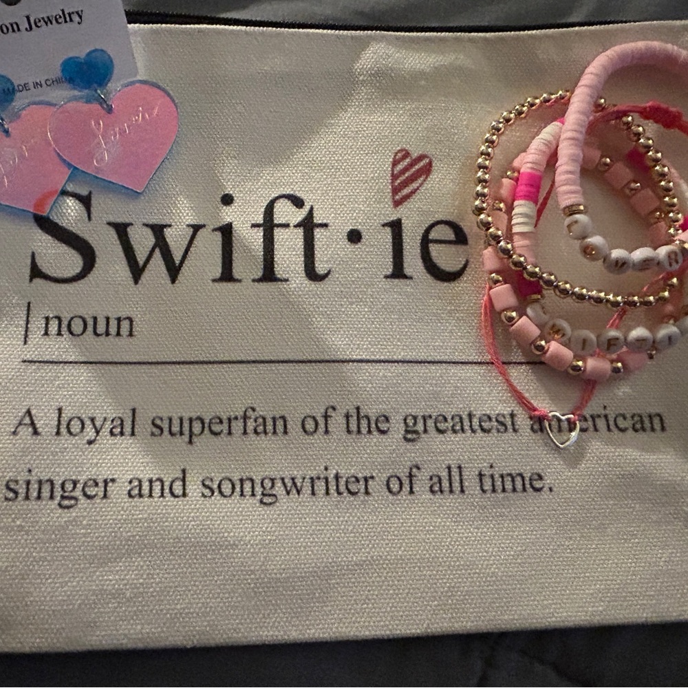 Swiftie fan bundle. Lover earrings, cosmetic bag, bracelets